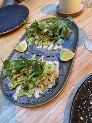 Artichoke tacos: tasty, creamy and light. However, some artichoke bits were hard to chew at Madre in Amsterdam