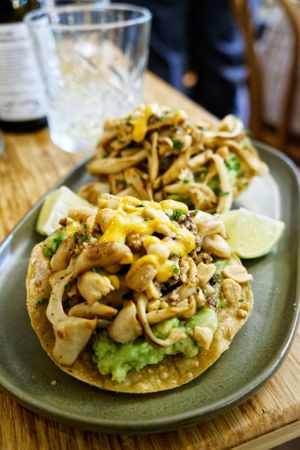 Beech mushroom tostadas at Madre in Amsterdam