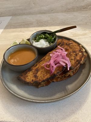 Birria tacos with 3D printed pork substitute   at Madre in Amsterdam