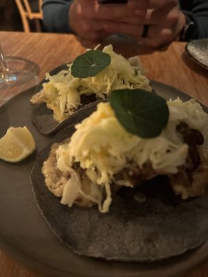 Mushroom tempura tacos  at Madre in Amsterdam
