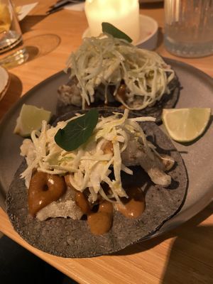Tacos with tempura mushroom: quite good, but the ‘pork’ taco is better at Madre in Amsterdam