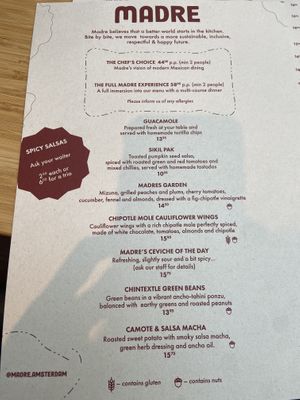 Food menu July 2025  at Madre in Amsterdam