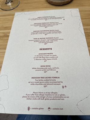 Menu  at Madre in Amsterdam