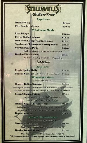 The Separate Vegan Menu. You may need to ask for it.   at Stillwells Restaurant in Big Bear Lake