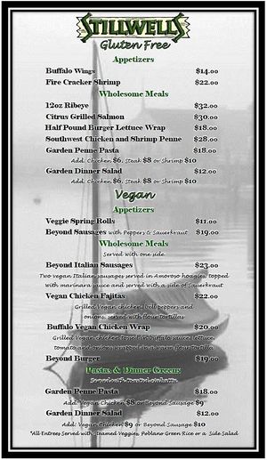 Updated vegan menu as of 8-5-22 at Stillwells Restaurant in Big Bear Lake