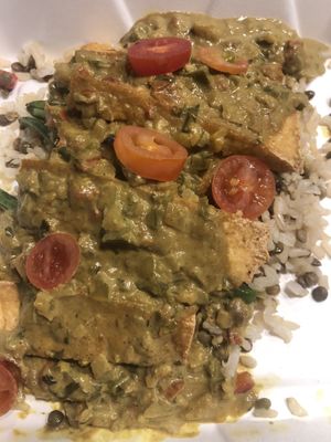 Curry tofu is boring and a small amount. Surprisingly filling.  Comes with one piece of pita bread.  at Heartbeet in Houston