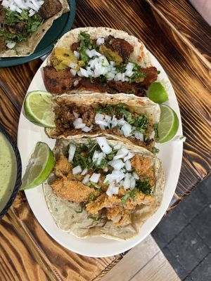 from bottom up - milanesa, longaniza, suadero, pastor  at Malas Hierbas - Maybe closed in Xalapa