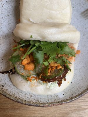 mushrooms, hoisin, cabbage, lime mayo, peanuts, cucumbers, rich filling!  at Fach Bistro in Bratislava