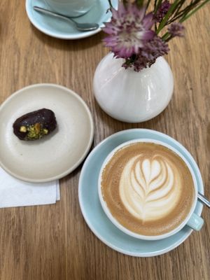 Stuffed date and oat milk cappuccino   at Fach Bistro in Bratislava