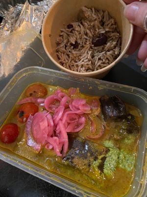 Aubergine curry with rice and peas at Turtle Bay in Birmingham