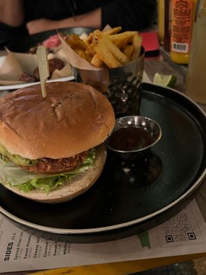 Faux chicken burger (not as impressed with this) and spicy fries  at Turtle Bay in Birmingham