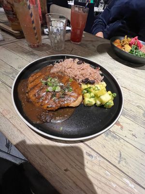 Vegan jerk chicken peas and rice with pineapple  at Turtle Bay in Birmingham