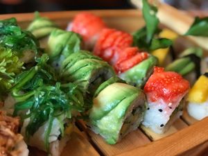 vegan sushi
with sea weed, fruit, avocado,... at Marpha Sushi & Nepali Kitchen in Bruges