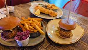 From left to right: Chick'n Honey Wonder, Fish & Chips, and Southern Fried Chick'n Style at Vegan House in Chester