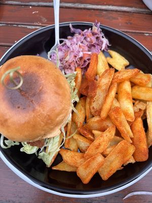 Chicken burger with paprika fries and slaw   at Vegan House in Chester