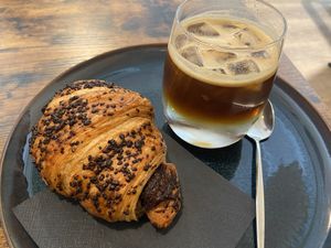 Vegan chocolate croissant and espresso tonic  at Café Bota in Tubingen
