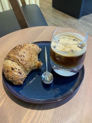 Vegan blueberry croissant and espresso tonic   at Café Bota in Tubingen