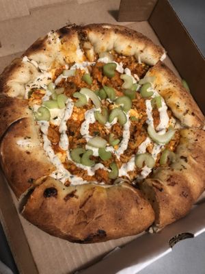 Buffalo chicken with cheese stuffed crust at Pi Vegan Pizzeria in Seattle