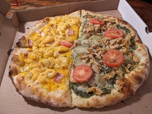 Half and half - Mac and cheese plus pesto pie at Pi Vegan Pizzeria in Seattle