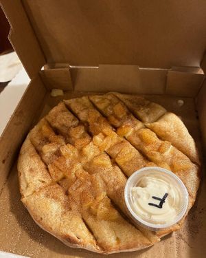 Cinnamon and pineapple dessert pizza  at Pi Vegan Pizzeria in Seattle