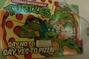 TMNT promoting vegan pizza. at Pi Vegan Pizzeria in Seattle