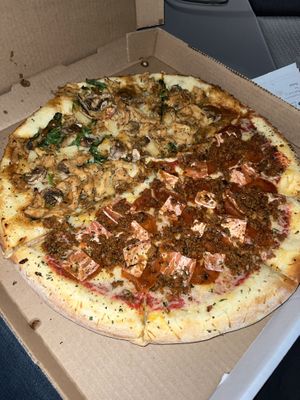 Half thai chicken, half meatlovers   at Pi Vegan Pizzeria in Seattle