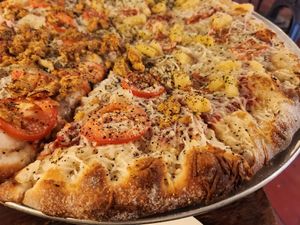 1/2 chicken parm 1/2 Hawaiian at Pi Vegan Pizzeria in Seattle