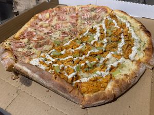 Buffalo chicken 1/2, Hawaiian 1/2  at Pi Vegan Pizzeria in Seattle