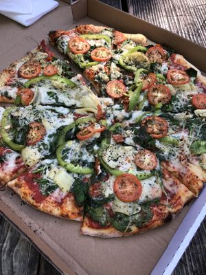 Veggie lovers pizza, $30, serves 3 !  at Pi Vegan Pizzeria in Seattle
