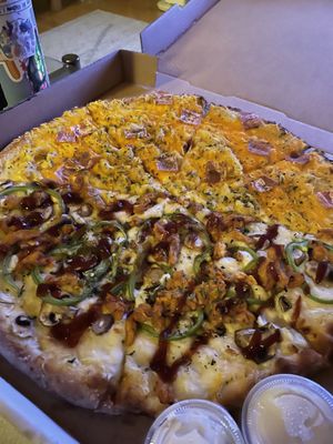 Half magic mac half BBQ chiggen  at Pi Vegan Pizzeria in Seattle