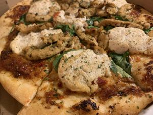 The sunny day. Sub the black olives and potatoes for chicken.  at Pi Vegan Pizzeria in Seattle