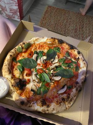 Pizza from base! Vegan cheese, mushroom, spinach, basil and onion! With vegan mayo  at Base Pizza in Bowness-on-windermere