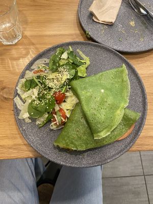 Vegan spinach pancakes with vegan cheese and vegan mortadella   at Share Sweet and Espresso Bar in Prague