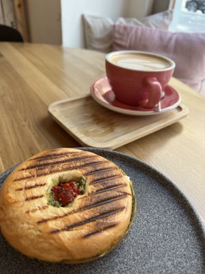 chai latte and “goat” bagel  at Share Sweet and Espresso Bar in Prague