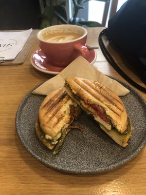 Dirty chai latte and kozi syr bagel   at Share Sweet and Espresso Bar in Prague