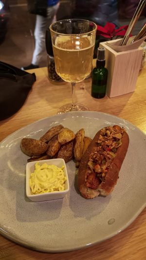 Hot dog with potatoes at Share Sweet and Espresso Bar in Prague