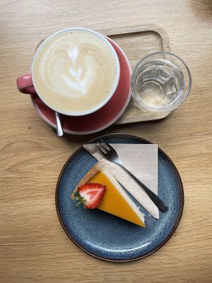 Maracuja cheesecake & latte  at Share Sweet and Espresso Bar in Prague