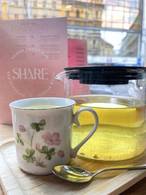 A regular size tea   at Share Sweet and Espresso Bar in Prague