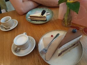 Chocolate and vanilla sponge cake, Oreo Cheesecake, expresso and macchiato for 305 kC. at Share Sweet and Espresso Bar in Prague