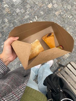 krémeš (cream cake with puff pastry) and mango-passion fruit cheesecake at Share Sweet and Espresso Bar in Prague
