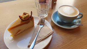 Maracuja cheesecake and cappuccino  at Share Sweet and Espresso Bar in Prague