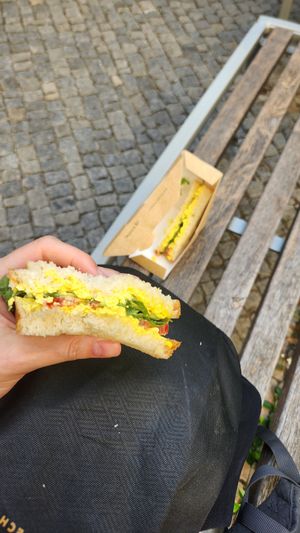 Sandwich to go. It did not taste like eggs at all. at Share Sweet and Espresso Bar in Prague
