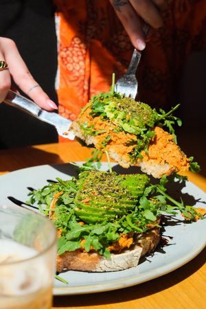 Avocado bread with a spread from dried tomatoes  at Share Sweet and Espresso Bar in Prague
