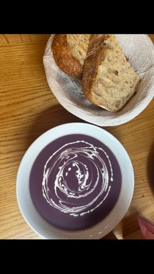 Red cabbage soup with “cream”  at Share Sweet and Espresso Bar in Prague
