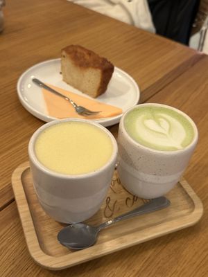 Turmeric latte and matcha lattee  at Share Sweet and Espresso Bar in Prague