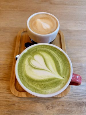 Cappuccino & Matcha Lattee  at Share Sweet and Espresso Bar in Prague
