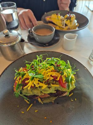 Smashed avocado on sourdough with added vegan haggis at Ochiltree's Cafe in Melrose