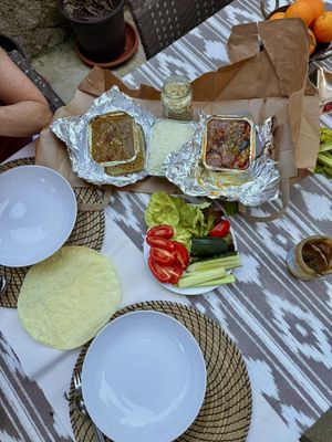 Aubergine/potato, chickpea/spinach (with forgotten spinach), rice and papadum. Added our own salad and quinoa 🌱   at The Red Fort II in Mallorca
