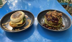 Breakfast sandwich and matcha pancakes  at Seaside Eatery in Key Largo
