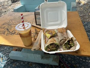 Burrito with gluten free wrap and mango smoothie. Yum!  at Seaside Eatery in Key Largo